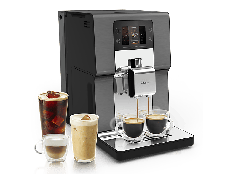 Cafetera superautomática - Krups Intuition Experience Hot&Cold, Pantalla táctil, 36 Recetas, Jarra de leche, Titanio, 15 bar, 2 tazas, Negro