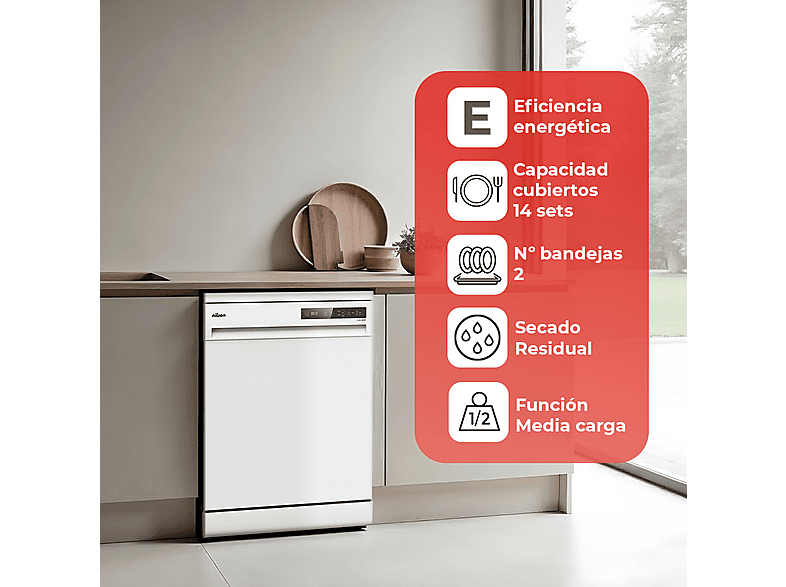 Lavavajillas libre instalación 60 cm - Nilson NJ13600E, 6 programas, 59,8 cm, Blanco