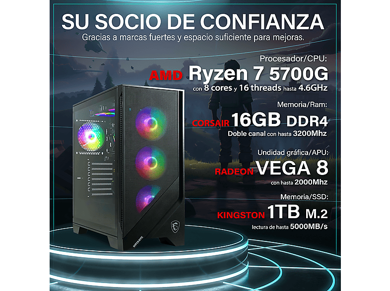 Pack PC gaming - Hyper Byte Gen2 Gaming | completo set PC, AMD Ryzen 7 5700G, 16 GB RAM, 1000 GB SSD, Radeon™ RX Vega 8, Windows 11 Pro, negro