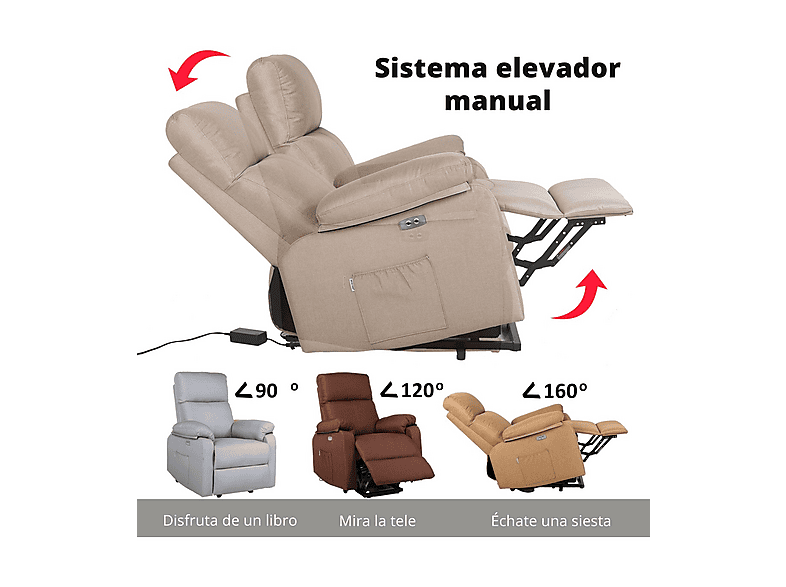 Sillón levanta personas - Eco-De Europa UP ECO-8582UP MA32, Función calor, Peso máximo 100 kg, Marrón