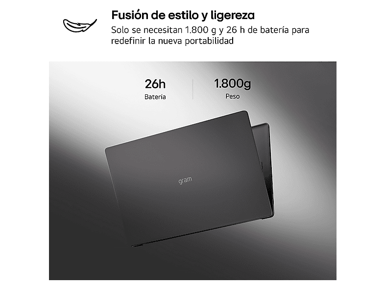 Portátil - LG Gram 16U55U-G.AU75BN, 16" WUXGA Copilot+ PC, AMD Ryzen™ AI 7 445 50 TOPS, 16GB RAM, 512 GB SSD, Windows 11 Home, Sin cargador