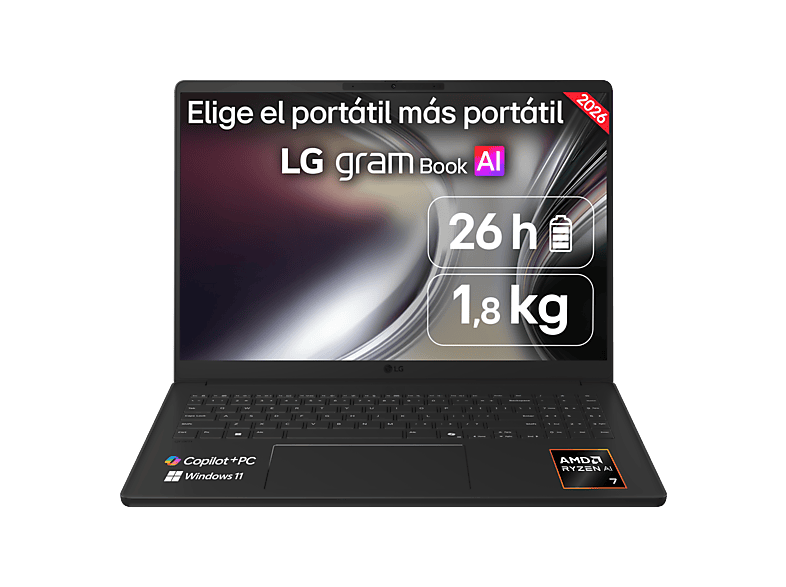 Portátil - LG Gram 16U55U-G.AU85BN, 16" WUXGA Copilot+ PC, AMD Ryzen™ AI 7 445 50 TOPS, 32GB RAM, 512 GB SSD, Windows 11 Home, Sin cargador