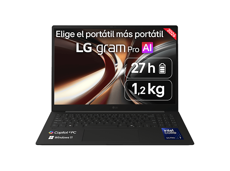 Portátil - LG Gram Pro 16Z90U-K.AUB8BN Copilot+ PC, 16" WQXGA+, Intel® Core™ Ultra X7 358H 50 TOPS, 32GB RAM, 1 TB SSD, Windows 11 Home, Sin cargador