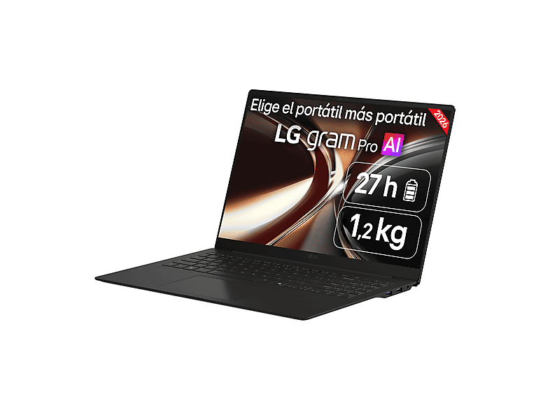 Portátil - LG Gram Pro 16Z90U-K.AUB8BN Copilot+ PC, 16" WQXGA+, Intel® Core™ Ultra X7 358H 50 TOPS, 32GB RAM, 1 TB SSD, Windows 11 Home, Sin cargador
