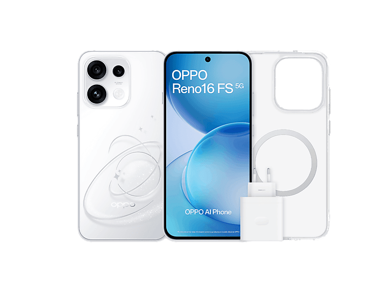 Móvil - Oppo Bundle Reno16 FS, Blanco, 512 GB, 8 GB RAM, 6.57" AMOLED, Mediatek Dimensity 7300, 6500 mAh, Incluye Funda y Cargador