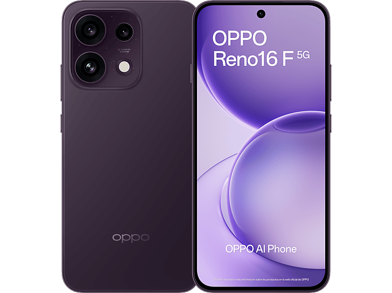 Móvil - Oppo Bundle Reno16 F, Púrpura Negro, 256 GB, 8 GB RAM, 6.57" AMOLED, Mediatek Dimensity 7300, 6500 mAh, Incluye Funda y Cargador