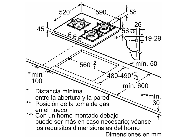 Placa de gas - Balay 3ETG663RB, 3 Zonas zonas, Gas butano, 65,1 cm, Negro