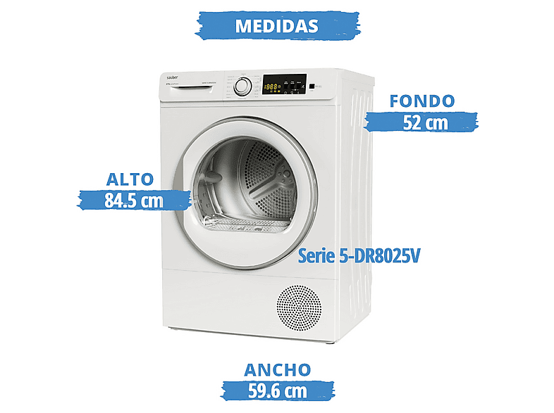 Secadora bomba de calor - Sauber SERIE 5-DR8025V, Bomba de calor con refrigerante R290, 8 kg, 15 programas, Blanco