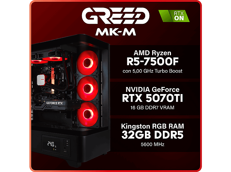PC Gaming - Greed MKM - 5070Ti Edición, AMD Ryzen 5, 32 GB RAM, 1 TB SSD, GeForce RTX™ 5070 Ti, Windows 11 Pro, Negro