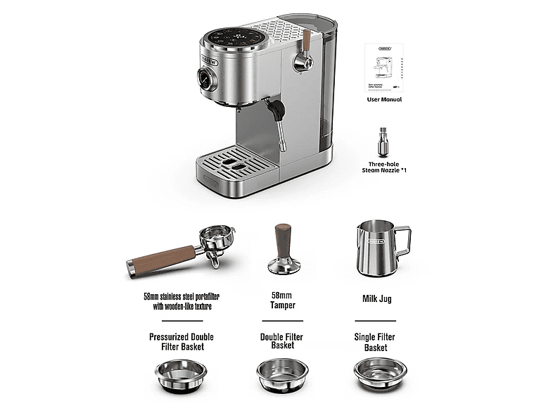 Cafetera espresso manual - Hibrew H13, 20 bar, 2100 W, plata