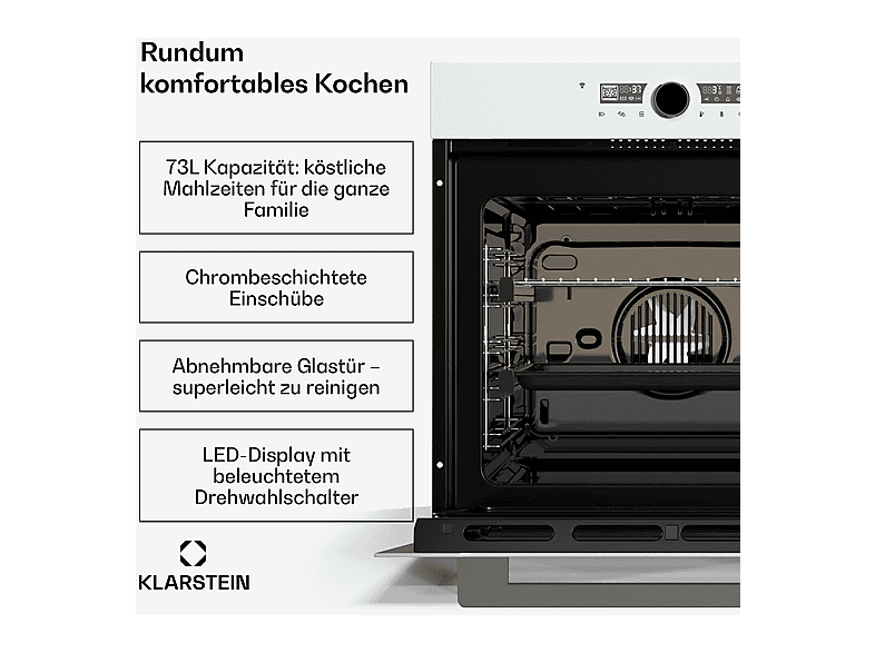 Horno convencional - Klarstein Illuminosa, Integrable, 73 l, 56,50 cm, Blanco