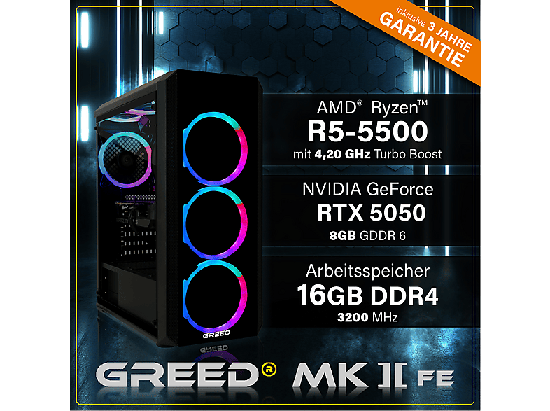 PC Gaming - Greed MK2 FE AMD - 4K, AMD Ryzen 5, 16 GB RAM, 512 GB SSD, GeForce RTX™ 5050, Windows 11 Pro, Negro