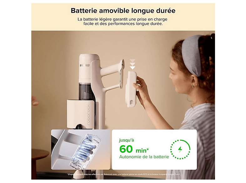 Aspiradora escoba - Roborock H60 HUB, 350 W, Potencia de succión 158 AirWatt, Depósito 0,5 l, Blanco