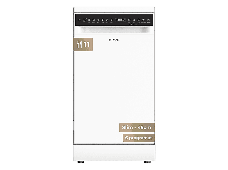 Lavavajillas libre instalación 45 cm - Evvo D3Y Slim, 6 programas, 450 mm, Inox