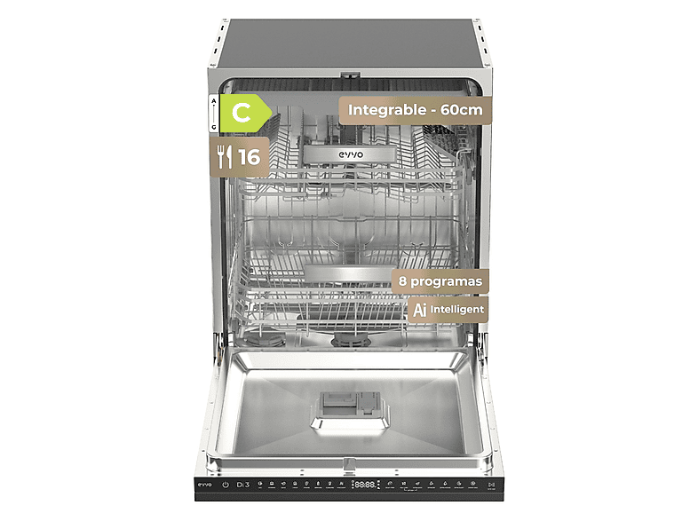 Lavavajillas integrable 60 cm - Evvo Di.3, 8 programas, 600 mm, Inox