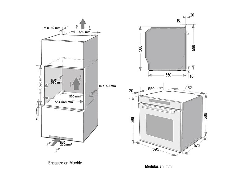 Horno multifunción - Pando One HRN60, Esmalte fácil de limpiar, 72 l, 595 mm, Negro