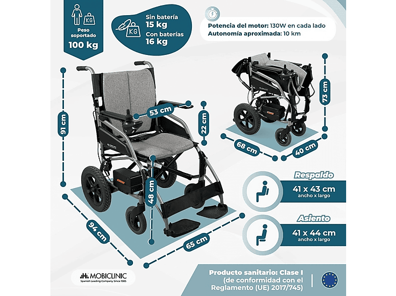 Silla de ruedas eléctrica - Mobiclinic Mara, 17 kg, Gris