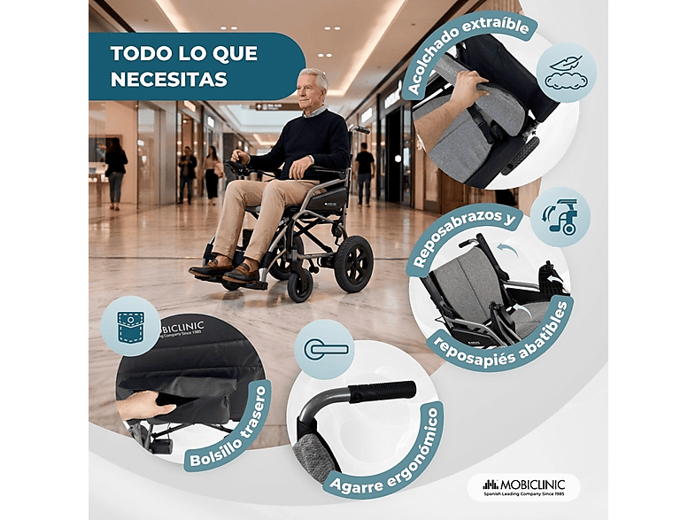 Silla de ruedas eléctrica - Mobiclinic Mara, 17 kg, Gris