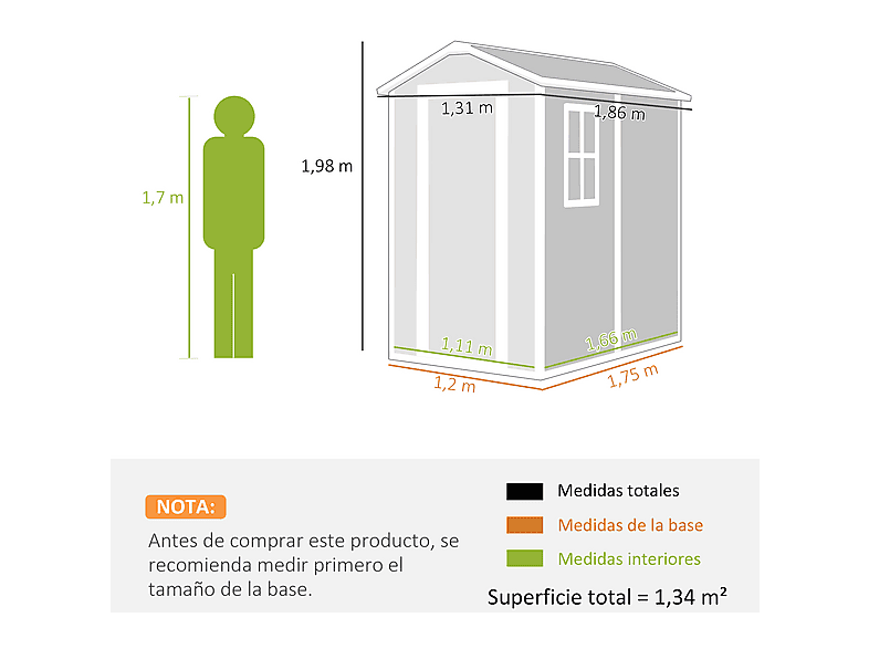 Caseta de Jardín - Outsunny 84H-157V00GY, 131 cm x 186 cm x 198 cm, PP, Aluminio, Gris