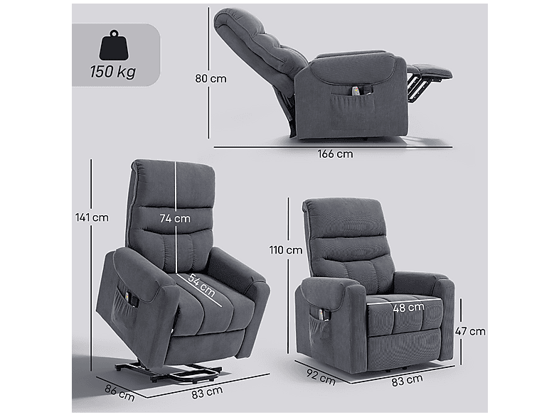 Sillón levanta personas - Homcom 713-090V92GY, 42,6 kg, Gris