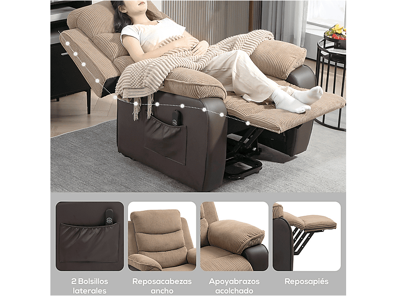 Sillón levanta personas - Homcom 713-178V92BN, 46 kg, Marrón