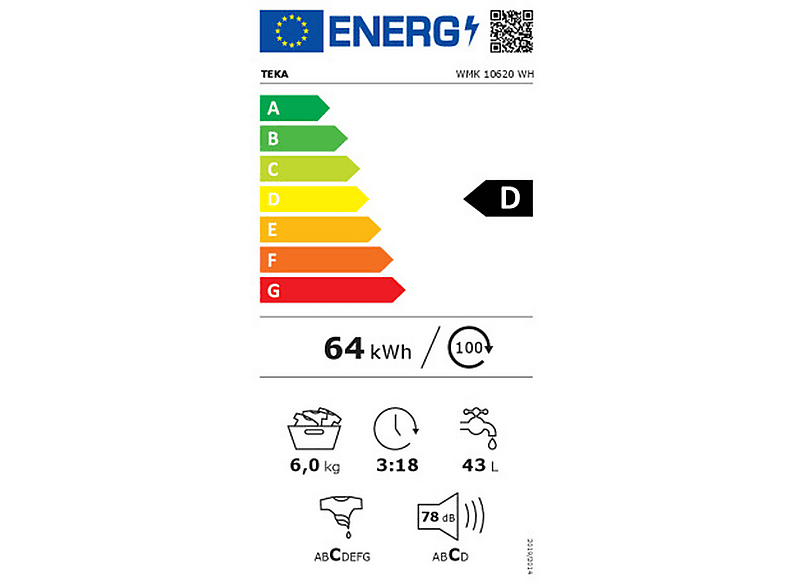 Lavadora carga frontal - Teka WMK 10620, 6 kg, 1200 rpm, 15 programas, Blanco