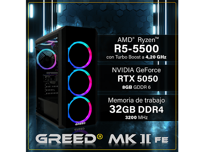 PC Gaming - Greed MK2 FE AMD - 4K, AMD Ryzen 5, 32 GB RAM, 512 GB SSD, GeForce RTX™ 5050, Windows 11 Pro, Negro
