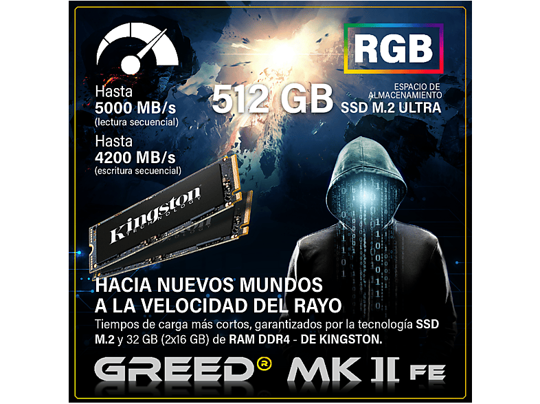 PC Gaming - Greed MK2 FE AMD - 4K, AMD Ryzen 5, 32 GB RAM, 512 GB SSD, GeForce RTX™ 5050, Windows 11 Pro, Negro