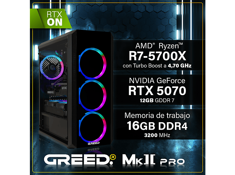 PC Gaming - Greed MK2 Pro AMD | Gaming Ordenador / Computer, AMD Ryzen 7, 16 GB RAM, 1 TB SSD, GeForce RTX™ 5070, Windows 11 Pro, Negro
