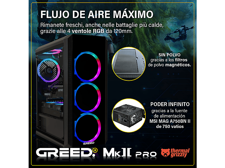 PC Gaming - Greed MK2 Pro AMD | Gaming Ordenador / Computer, AMD Ryzen 7, 16 GB RAM, 1 TB SSD, GeForce RTX™ 5070, Windows 11 Pro, Negro