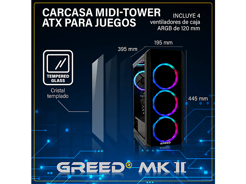 PC Gaming - Greed MK2 Intel | Gaming Ordenador / Computer, Intel Core i7, 32 GB RAM, 1000 GB SSD, GeForce RTX™ 5060 Ti, Windows 11 Pro, Negro