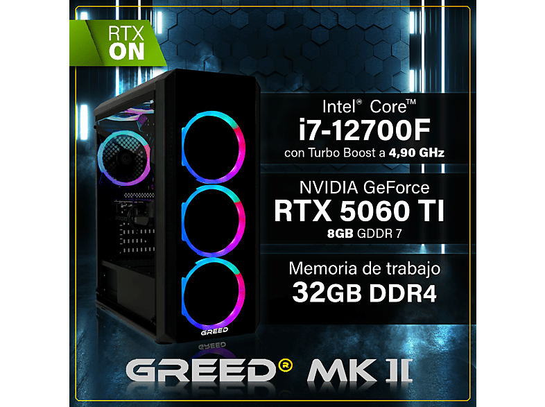 PC Gaming - Greed MK2 Intel | Gaming Ordenador / Computer, Intel Core i7, 32 GB RAM, 1000 GB SSD, GeForce RTX™ 5060 Ti, Windows 11 Pro, Negro