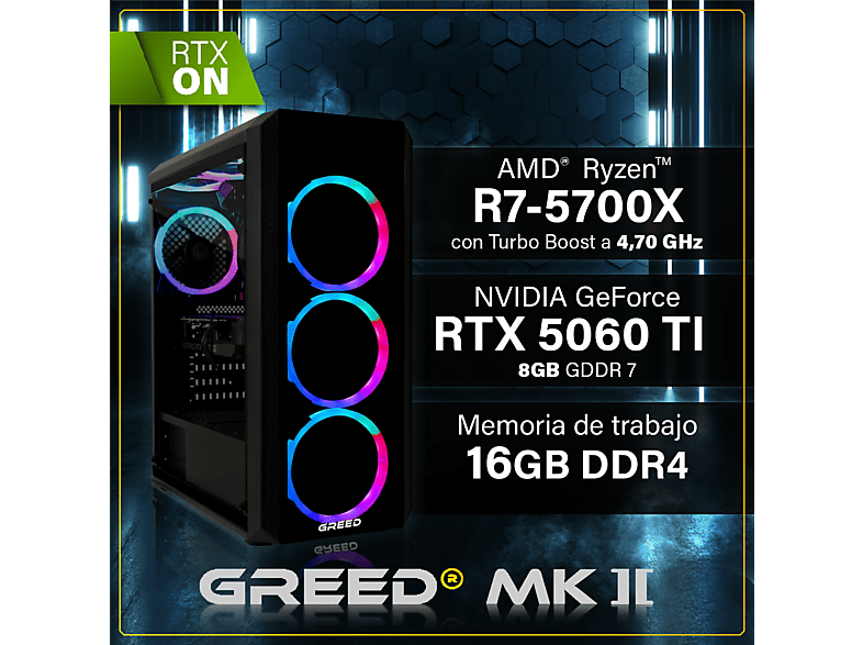 PC Gaming - Greed MK2 AMD | Gaming Ordenador / Computer, AMD Ryzen, 16 GB RAM, 1000 GB SSD, GeForce RTX™ 5060 Ti, Windows 11 Pro, Negro