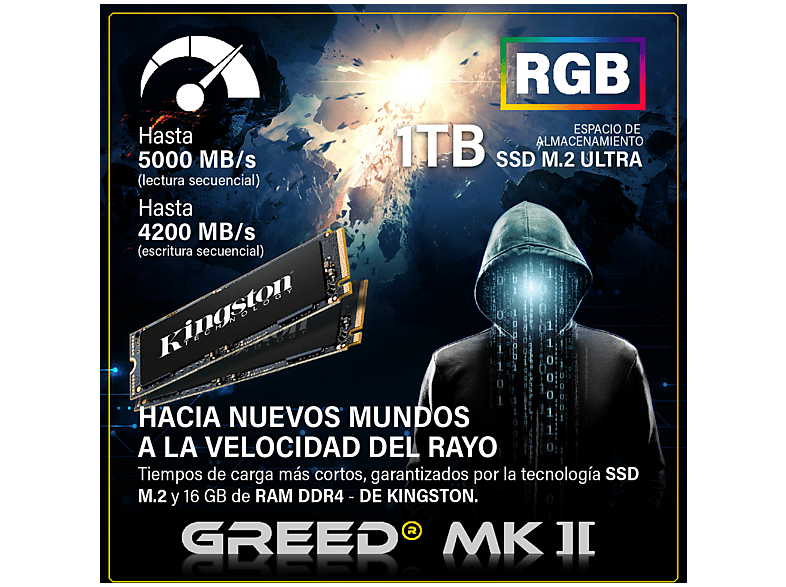 PC Gaming - Greed MK2 AMD | Gaming Ordenador / Computer, AMD Ryzen, 16 GB RAM, 1000 GB SSD, GeForce RTX™ 5060 Ti, Windows 11 Pro, Negro