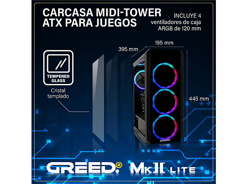 PC Gaming - Greed MK2 Intel Lite | Gaming Ordenador / Computer, Intel Core i5 10400F, 32 GB RAM, 512 GB SSD, GeForce RTX™ 3050, Windows 11 Pro, Negro