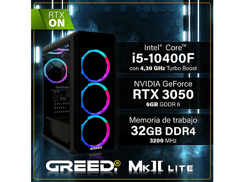 PC Gaming - Greed MK2 Intel Lite | Gaming Ordenador / Computer, Intel Core i5 10400F, 32 GB RAM, 512 GB SSD, GeForce RTX™ 3050, Windows 11 Pro, Negro