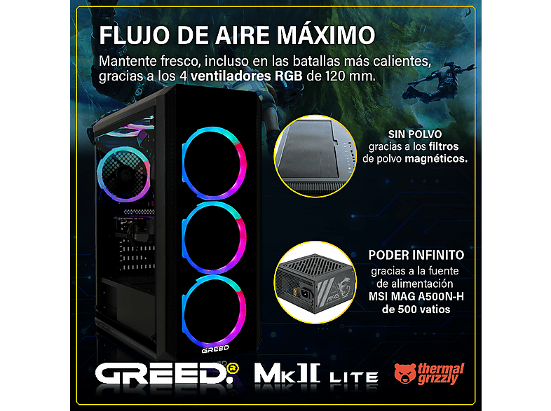 PC Gaming - Greed MK2 Intel Lite | Gaming Ordenador / Computer, Intel Core i5 10400F, 32 GB RAM, 512 GB SSD, GeForce RTX™ 3050, Windows 11 Pro, Negro
