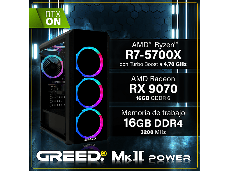 PC Gaming - Greed MK2 Power AMD | Gaming Ordenador / Computer, AMD Ryzen 7, 16 GB RAM, 1 TB SSD, Radeon™ RX 9070, Windows 11 Pro, Negro