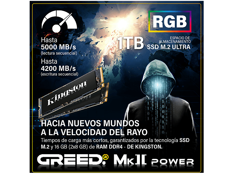 PC Gaming - Greed MK2 Power AMD | Gaming Ordenador / Computer, AMD Ryzen 7, 16 GB RAM, 1 TB SSD, Radeon™ RX 9070, Windows 11 Pro, Negro