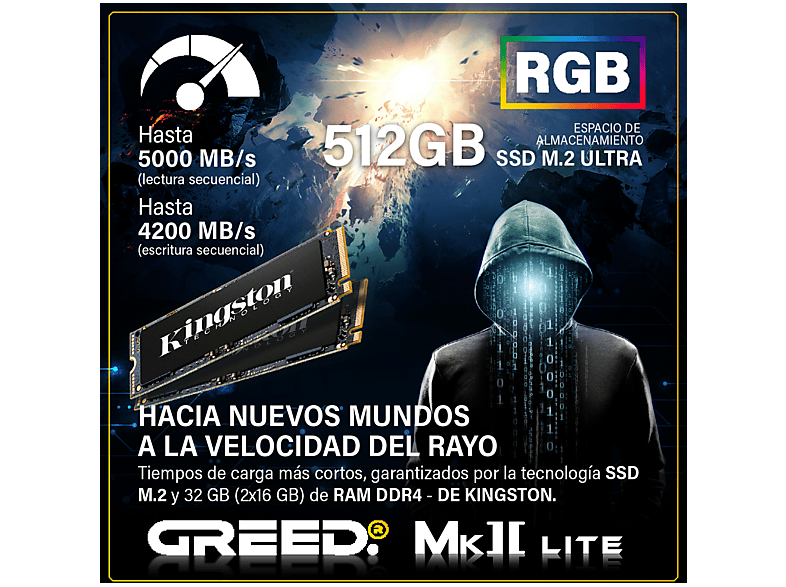 PC Gaming - Greed MK2 AMD Lite | Gaming Ordenador / Computer, AMD Ryzen 5, 32 GB RAM, 512 GB SSD, Radeon™ RX Vega 7, Windows 11 Pro, Negro