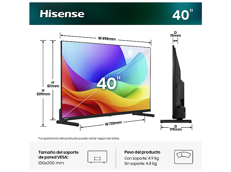 TV QLED 40" - Hisense 40A5S, Full-HD, NT72690, Smart TV, DVB-T2 (H.265), Negro