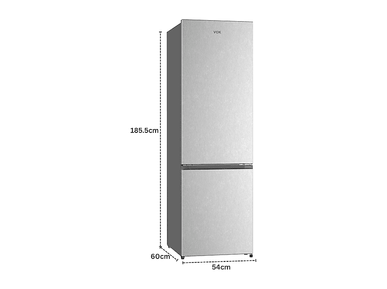 Frigorífico combinado - Vok EVR-308NCEI, Compresor Inverter, No Frost, Altura 185,5 cm, Capacidad 308 l, Inox