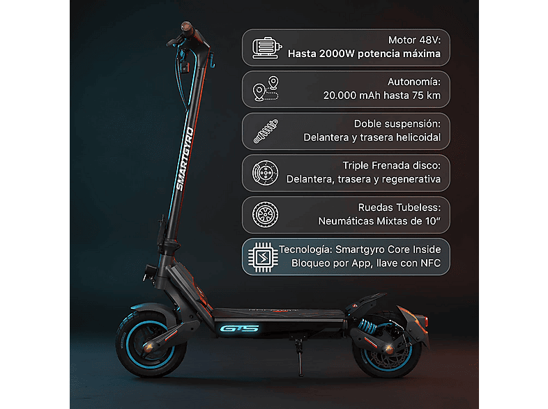 Patinete eléctrico - Smartgyro Rockway GTS, Pot. máx. 2000 W, Carga máx. 120 kg, 20000 mAh, Negro
