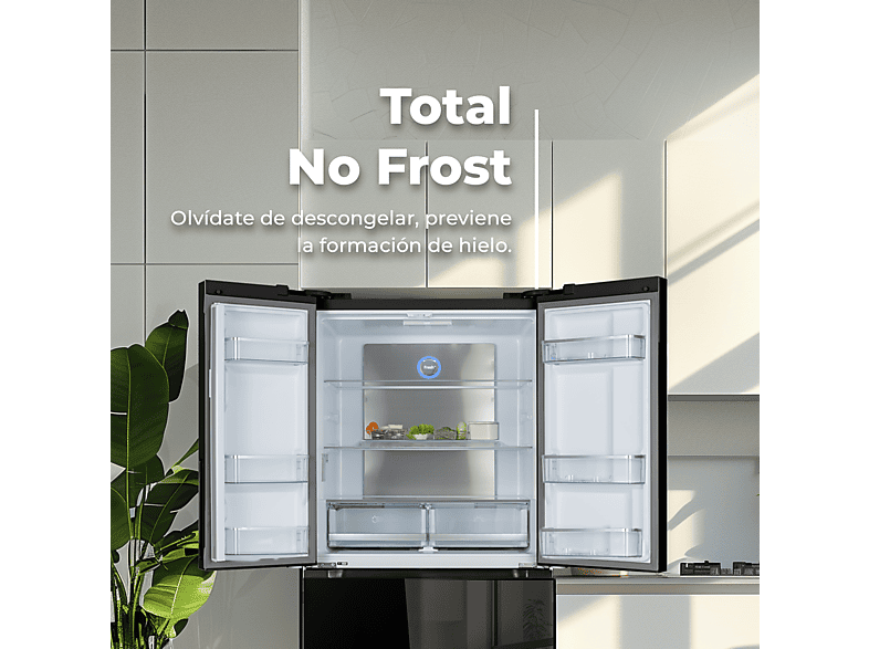 Frigorífico Americano - Evvo F80B Glass, No Frost, Compresor, Altura 183 cm, Cristal Negro