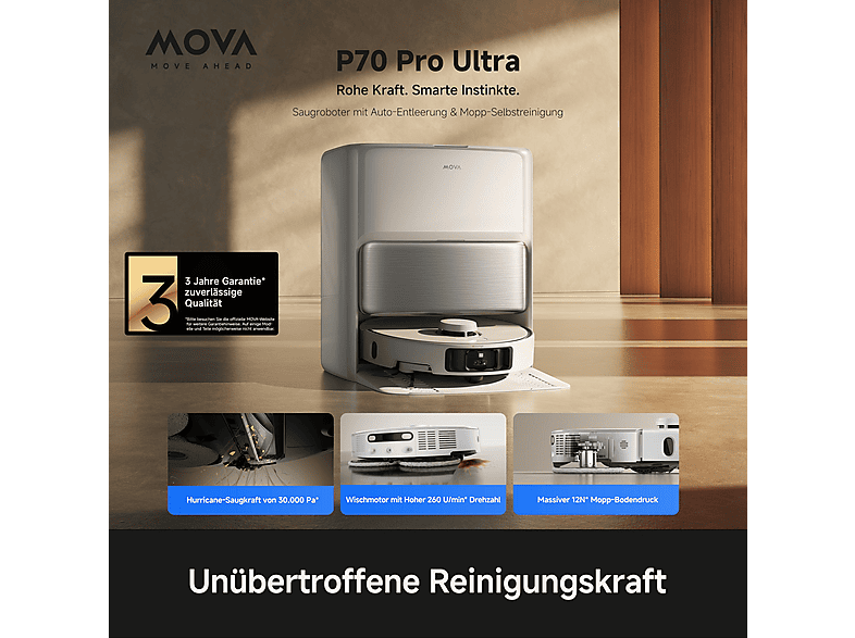 Robot aspirador - Mova MOV6978794732565, 700 W, Potencia de succión 30,000 Pa, Depósito 0,3 l, Autonomía 1 min, Blanco