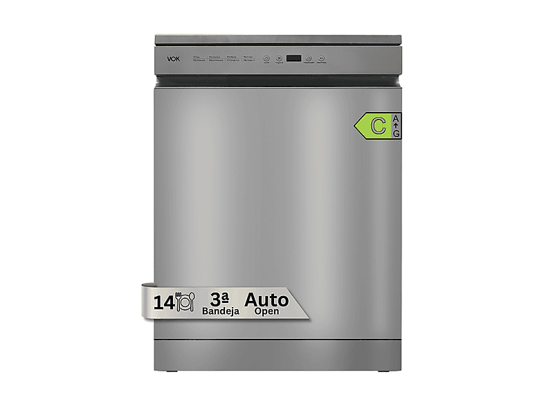 Lavavajillas libre instalación 60 cm - Vok EVD-14FCSADN, 14 servicios, 8 programas, 60 cm, Inox