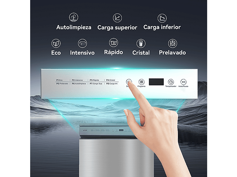 Lavavajillas libre instalación 60 cm - Vok EVD-14FCSADN, 14 servicios, 8 programas, 60 cm, Inox