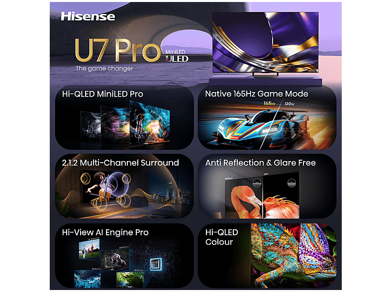 TV Mini LED 55" - Hisense 55U7S PRO, UHD 4K, Quad Core/MT9655, Smart TV, DVB-T2 (H.265), Black