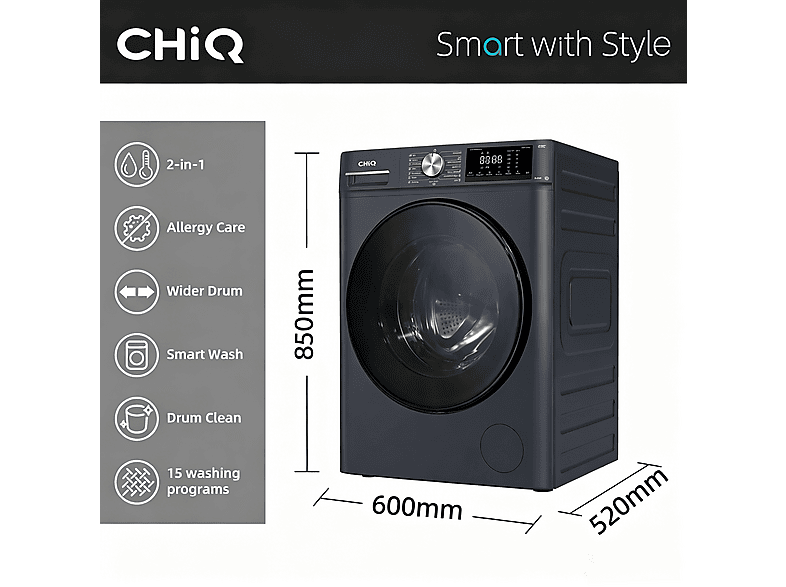 Lavadora secadora - Chiq CW85862HX, 8 kg + 5 kg, Gris oscuro