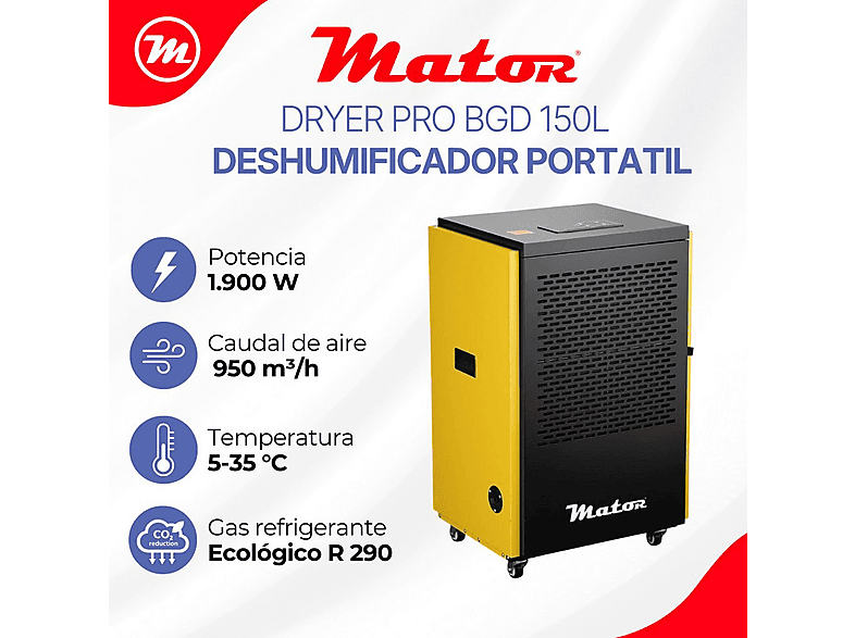Deshumidificador - Mator  Dryer Pro BGD1701 – 150 L/día – portátil, 1,700 m³, Negro